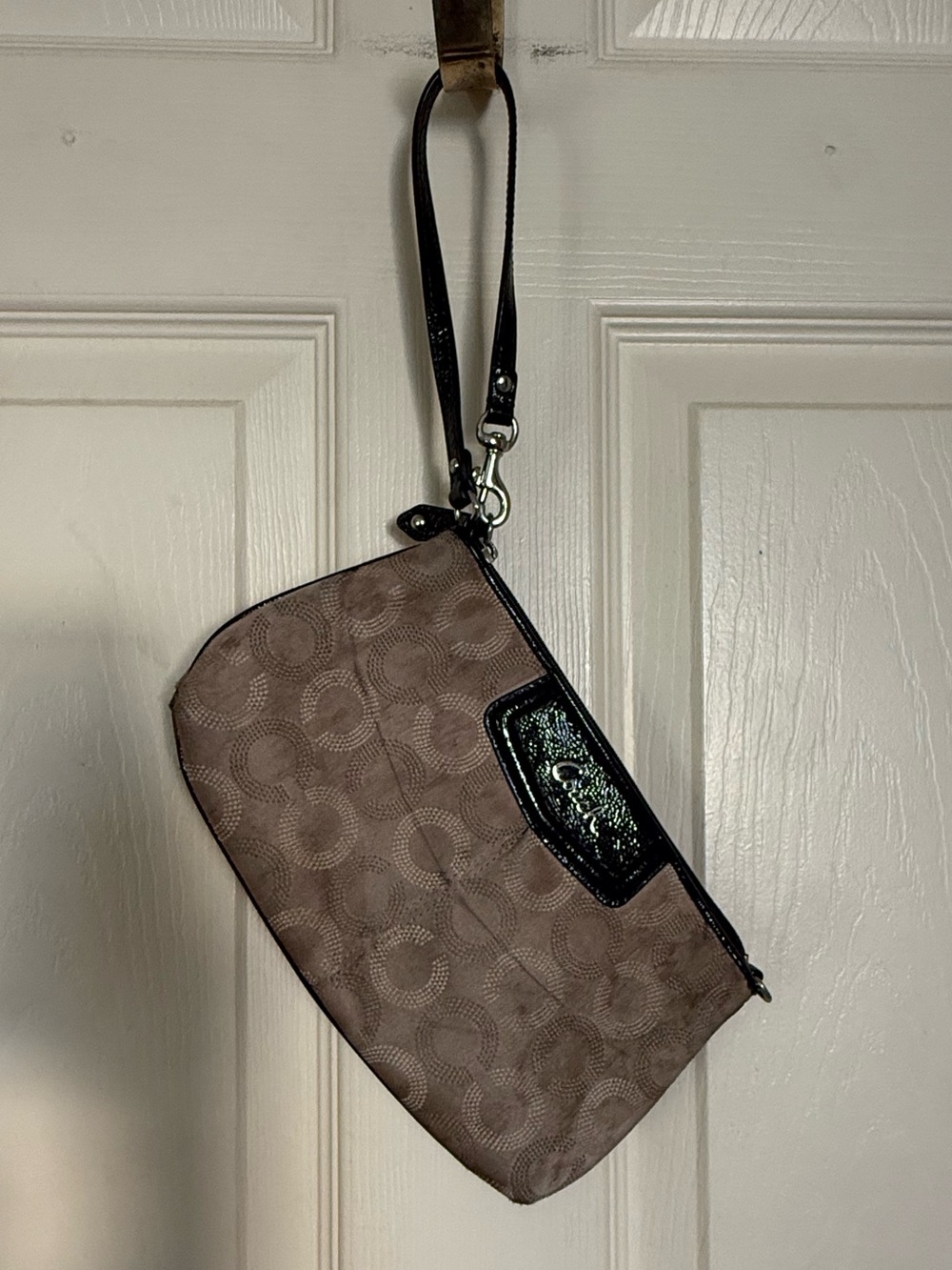 Coach Brown Signature Canvas Wristlet with Black Patent Trim